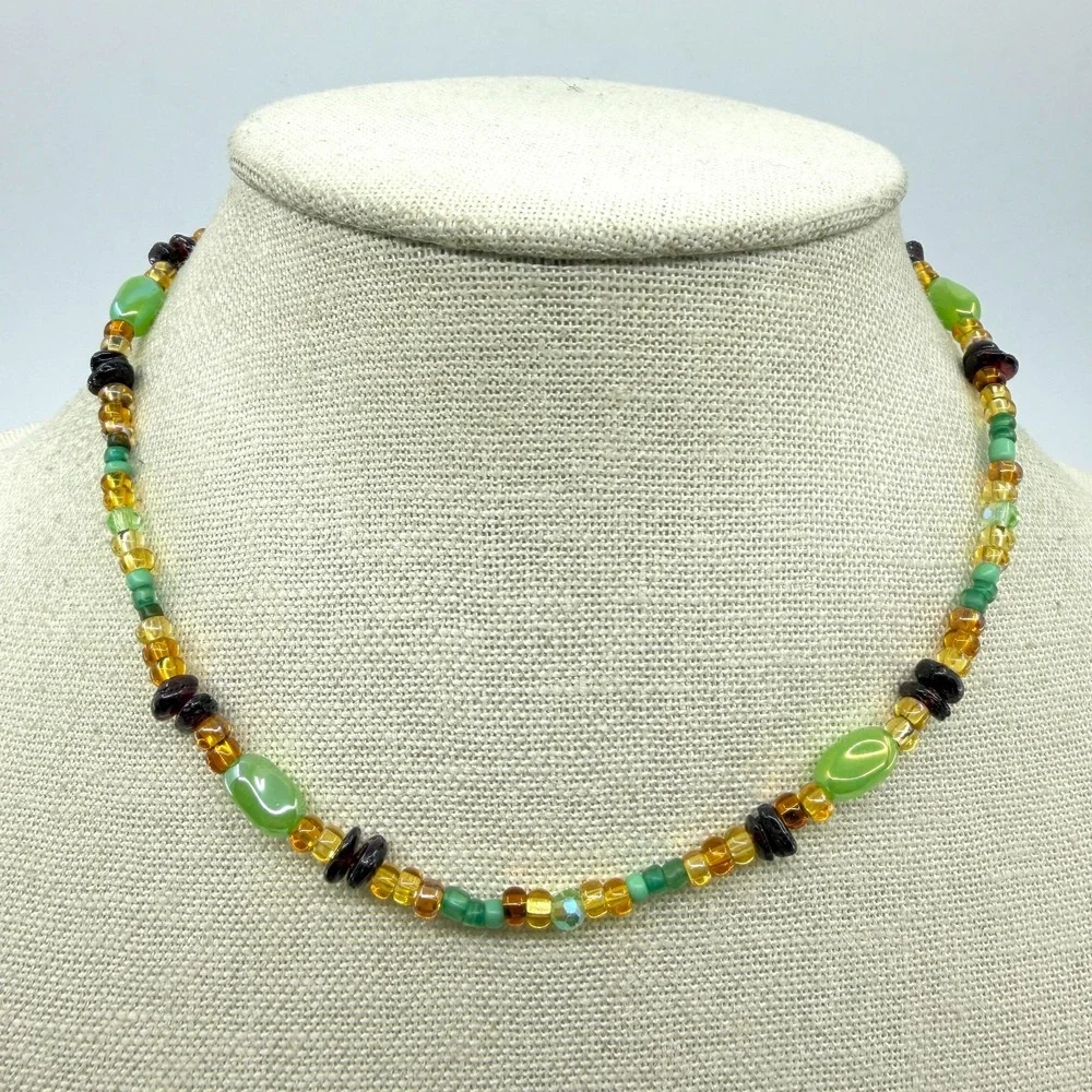 Necklace Vintage Green Amber Tone Glass Beaded Cottagecore Boho Statement Chain